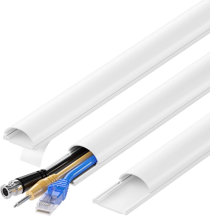 ZhiYo 39in Cord Hider for 2-3 Wall-Mounted TV Wires, 1.2"W x 0.55"H, White | Split-Hinge Design for Easy Installation, Half-Round Glazed Finish Ideal for Wall/Baseboard, Self-Adhesive, 3 Pack (13" Each)