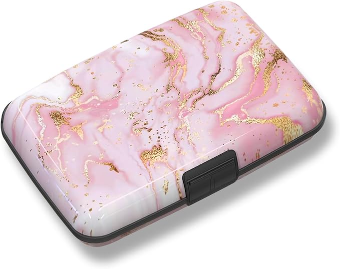 ToLuLu Credit Card Holder, Pink Marble Mini RFID Small Aluminum Card Wallet | Blocking Slim Metal Business Card Case, RFID Blocking Front Pocket Wallet Hard Case Durable CC Holder for Women Girl