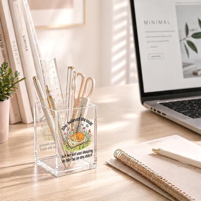 She Believed She Could But Her Cat Was Sleeping Acrylic Pen Holder | Funny Cats Bookworm Pen Pencil Holder Cup for Women Cat Mom Coworker, Home Office Desk Accessories, Cats Book Lover Gifts