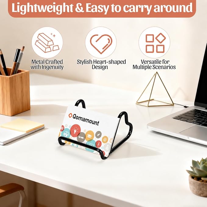 Qomamount Business Card Holder,Cute Heart-Shaped Metal Card Display Stand,Vertical Desktop Name Card Organizer,Small Phone Stand & Photo Holder for Office,Wedding,Reception,Exhibition (Black)
