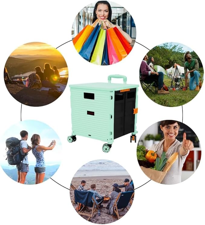 Foldable Utility Cart Portable Rolling Crate Handcart Shopping Trolley Collapsible 4 Rotate Wheels with Durable Heavy Duty Plastic Telescoping Handle for Travel Shopping Moving Storage Office Use