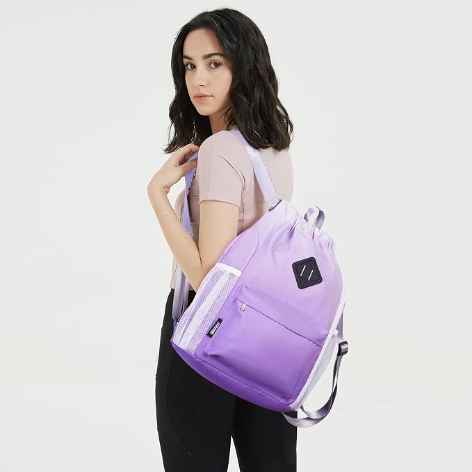 WANDF Drawstring Backpack with Shoe Compartment, Sports Gym Bag | Multi-Pocket Storage, Water-Resistant Fabric, Cinch String Bag