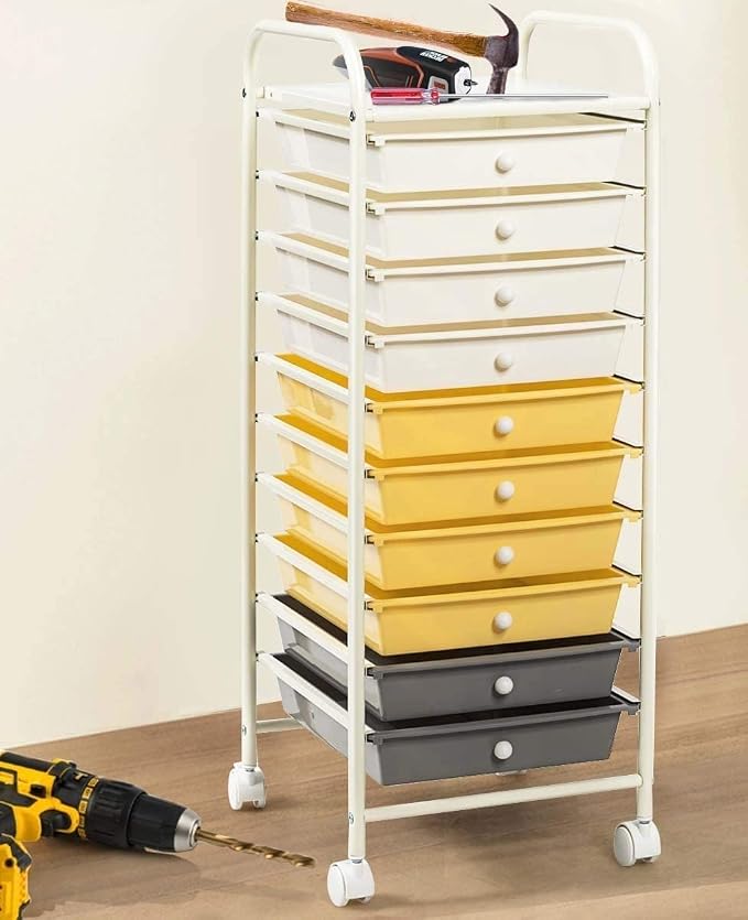 Happygrill 10-Drawer Storage Cart, Utility Cart with Removable Drawers & Metal Frame, Rolling Storage Cart with Lockable Wheels for Home, Office, Yellow