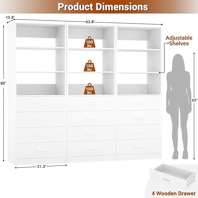 Aheaplus Closet Drawers Organizer System, 5.3FT Wood Closet System with 4 Drawers, Modular Walk-in Closets Storage Unit, Tall Bookshelf Storage Cabinet, White (3 Packs)
