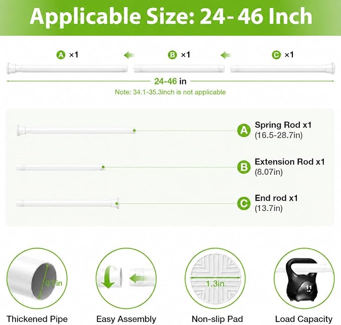 2Pcs Spring Tension Curtain Rod, Shower Curtain Rod 24-46 Inch, Spring Loaded Curtain Rod No Drilling, Adjustable Tension Rod for Windows Bedroom Bathroom Doorway Closet, White