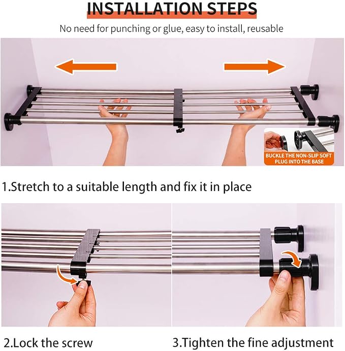 Hershii Expandable Closet Tension Shelf Rod Adjustable Metal Storage Rack Cabinet Organizer DIY Divider Separator Shelves for Wardrobe Cupboard Kitchen Bathroom, Black,43.3-75inches