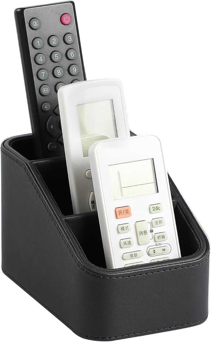 3 Compartments PU Leather Remote Control Holder, TV Remote Holder for Couch | Small Pen Desk Organizer for Office Bedside Living Room, Remote Caddy Nightstand Organizer
