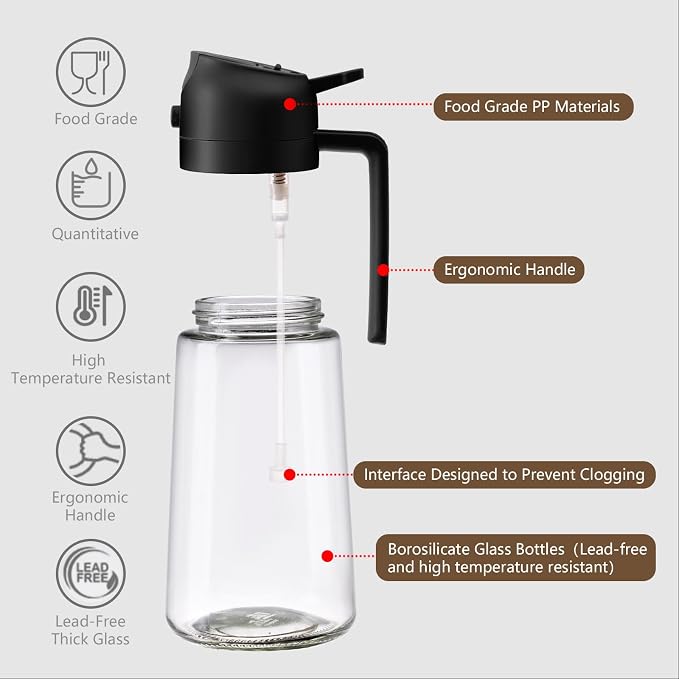 SWEET VIEW 2PCS Oil Sprayer for Cooking 16oz/470ml | Glass Oil Dispenser/Pour Bottle, Kitchen Accessories, Kitchen Gadgets for Air Fryer, Salad, BBQ, with Stickers (Black,Black)