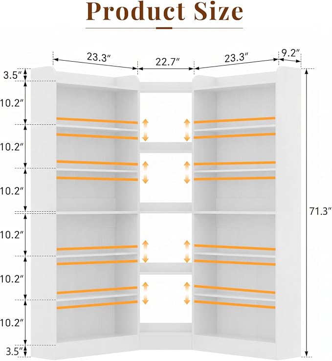 Unikito 71.3" Tall Corner Bookshelf Etagere Bookcase with Baffle, White | Large L-Shaped Asymmetric 7 Tiers Freestanding Storage Organizer Display Stand Shelf for Home Office, Living Room