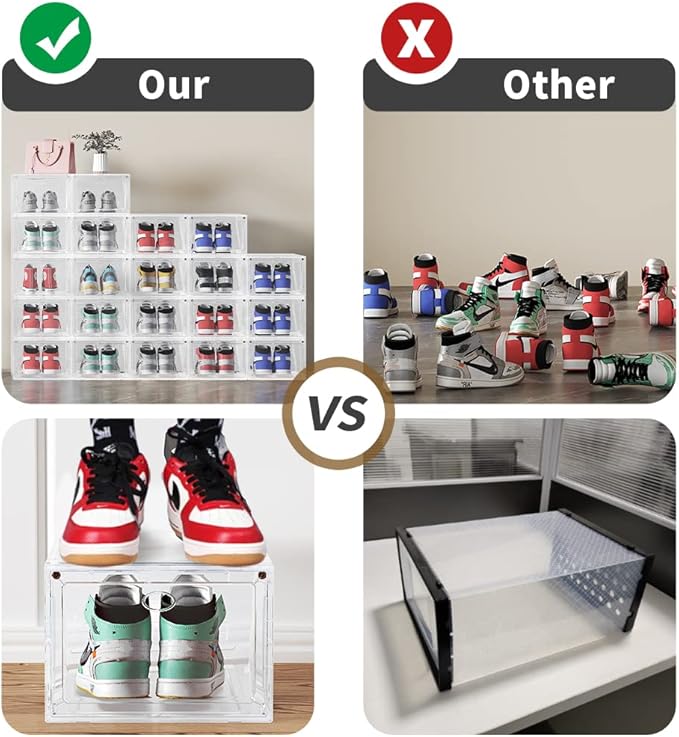 Large Clear Plastic Shoe Boxes Stackable Organizing Sneaker, 10 Pack Drop Front Shoe Storage Boxes for Closet, plastic shoe storage entryway for Size 12 (Clear 10 Pack)