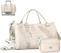FIORETTO Womens Gym Tote Duffle Bag with Toiletry Bag, Sports Duffel Overnight Hospital Workout Carry on Bag for Girls with Wet Pocket & Shoe Compartment, Ideal for Travel, Swimming, Dance Beige
