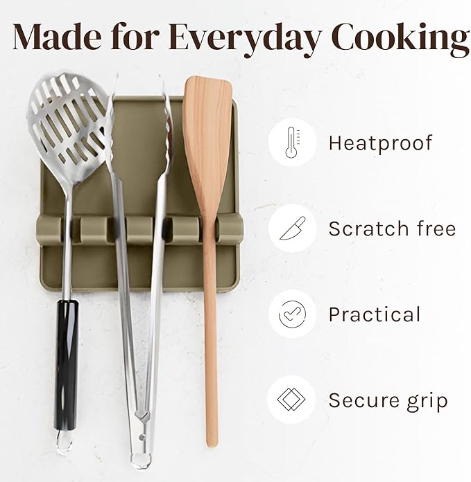 Cooler Kitchen Stone Silicone Spoon Rest for Stove Top with Drip Pad (Two Pack) - Heat Resistant BPA Free Utensil Rest & Spoon Holder for Kitchen Counter - Grill Utensil Holder - Spatula Holder