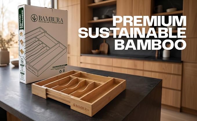 Expandable Bamboo Silverware Drawer Organizer, Kitchen Utensil Tray