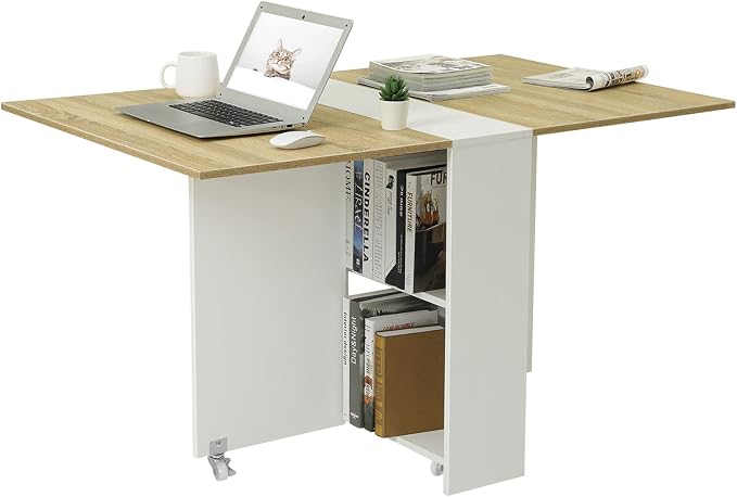 Tiptiper Folding Dining Table with 6 Casters, Drop Leaf Dining Table with Storage Shelves, Folding Kitchen Table for Small Apartments, Pear Wood Color and White