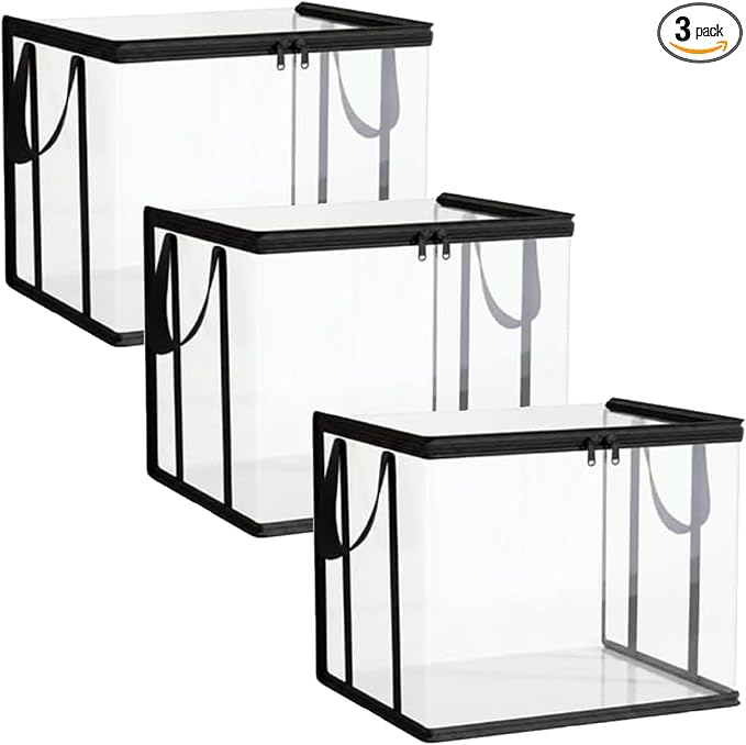 Clear Thin PVC Storage Bags - Lightweight Foldable Storage Bins with Hinged Lid & Handles, Reusable Clear Closet Organizer Containers for Clothes, Blankets, Textbooks, Toys, Travel