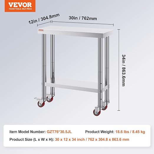 VEVOR Stainless Steel Work Table 30 x 12 x 34 Inch, 700 LBS Load Capacity with 4 Wheels, 3 Adjustable Height Levels, Heavy Duty Food Prep Worktable for Commercial Kitchen Restaurant, Silver
