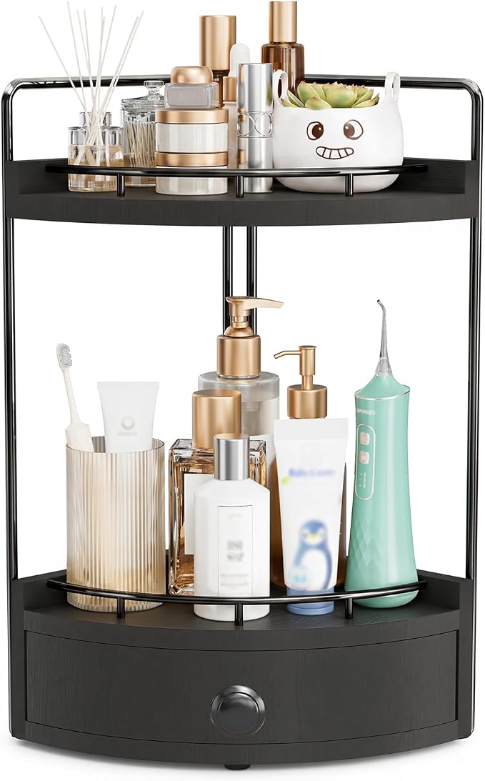 2-Tier Corner Bathroom Counter Organizer with Drawer, Black | Embedded Screw Holes, Wooden Countertop Organizers, Space-Saving, Bottom Ventilation Design, Counter Shelf for Vanity