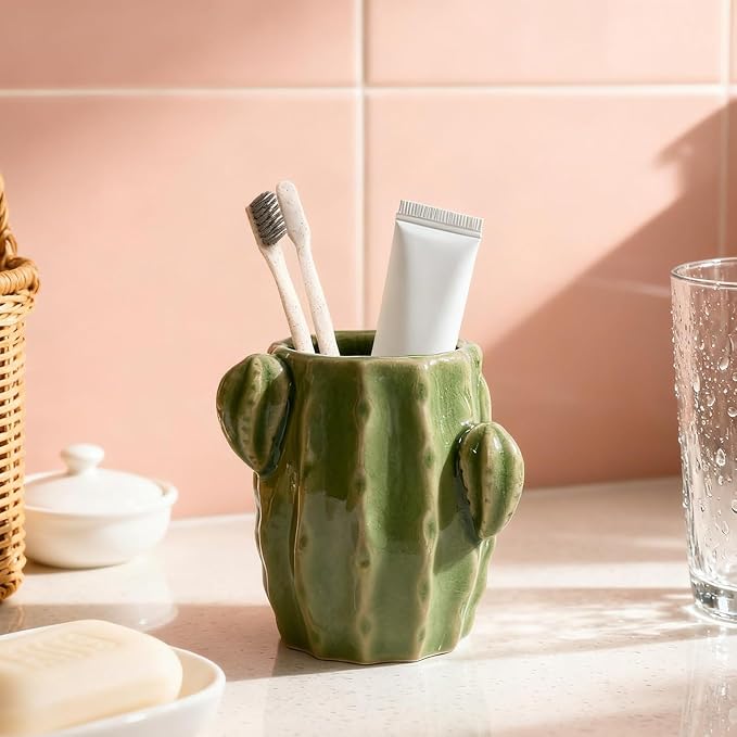 Ceramic Cactus Pen Holder, Cactus Decor Cute Pencil Holder, Makeup Brush Holder for Home, Office Desk Accessories(Light Green Cactus)