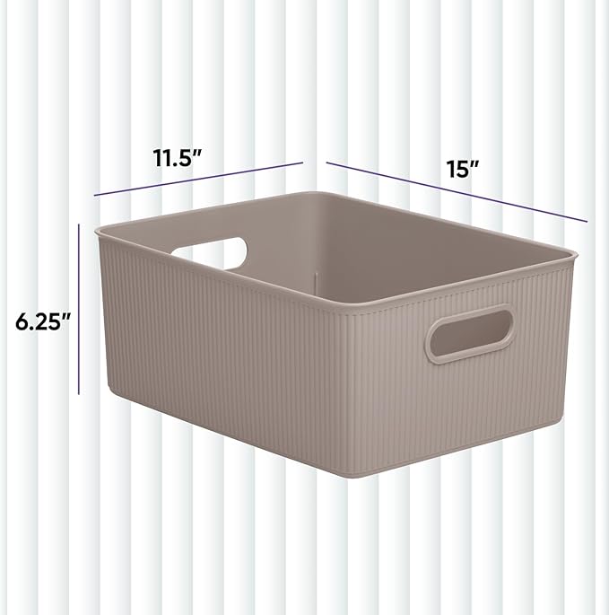 Superio Ribbed Collection - Decorative Plastic Basket Open Home Storage Bins Organizer, Large Taupe (4 Pack) Container Boxes for Organizing Closet Storage Bins for Shelves 15 Liter/16 Quart