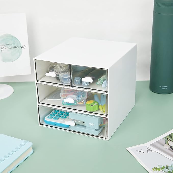 Desk Organizer with 4 Drawers, Clear Plastic Desk Storage Box, Desktop Organization for Office Supplies, Gel Pens, Pencils, Markers, Tape, Erasers, Paperclips, Chargers (White-4 Draws)