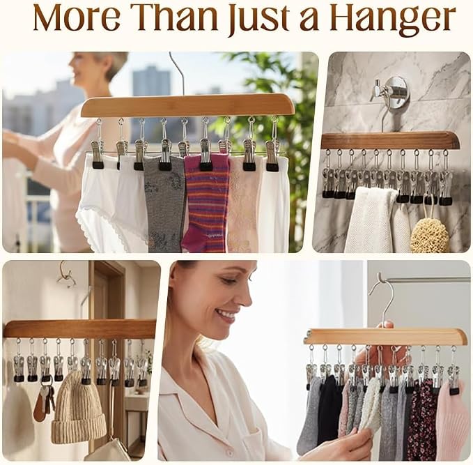 Closet Organizer with 12 Clips, Space Saving Hanging Closet Storage for Hats, Scarves, Jeans, Skirts, Socks, Pants, Multi-Purpose Clip Hanger(Wood TypeA*2)