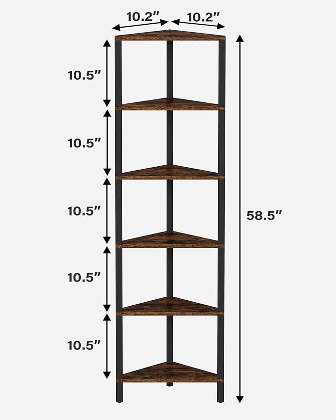 TUTOTAK Corner Shelf, 6-Tier Corner Bookshelf for Small Space, Narrow Display Corner Shelf Stand with Storage Rack, for Living Room, Bedroom, Rustic Brown BS05BB006