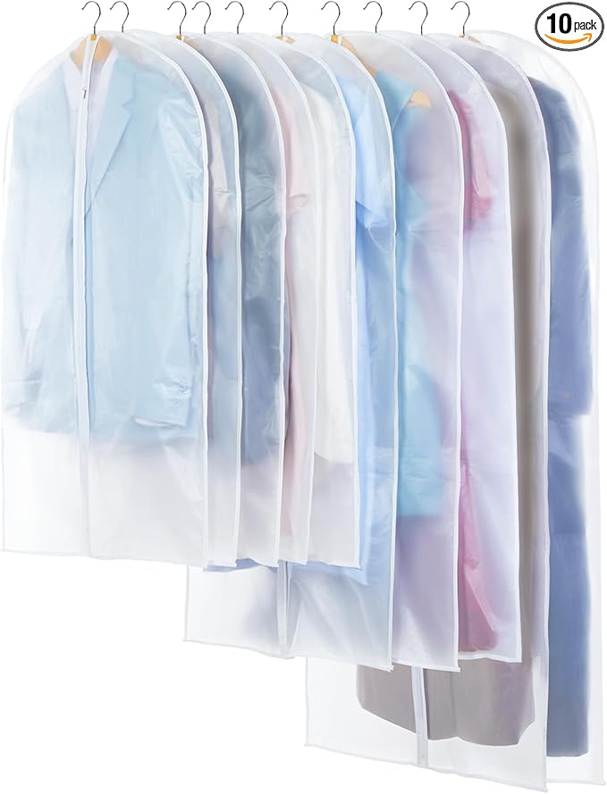 Carbrea Translucent Garment Bags for Hanging Clothes, 10 Pack | 3 Sizes Included, 24" x 40"/47"/55", Breathable Materials, Tear Resistant, Foldable, Ideal for Clothing Storage and Travel
