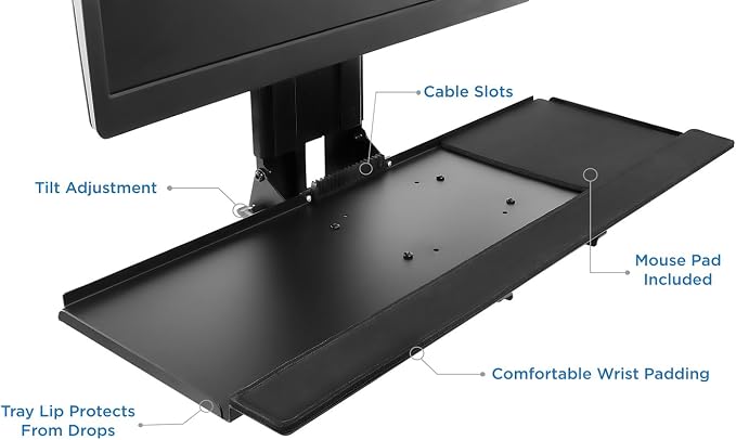 Mount-It! Monitor and Keyboard Wall Mount with CPU Holder, Height Adjustable Standing VESA Keyboard Tray, 25 Inch Wide Platform with Mouse Pad (MI-7919)