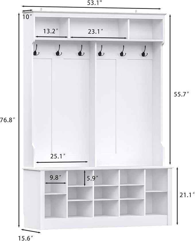 Wodeer Hall Tree with Bench and Shoe Storage, 53" Farmhouse 4-in-1 Mudroom Storage Organizer with Coat Rack, 6 Hooks, 12 Shoe Cubbies, Adjustable Shelf, for Entryway, Hallway, Living Room, White
