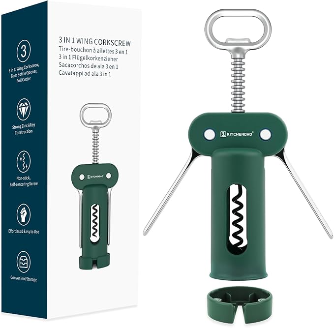KITCHENDAO 3 in 1 Wing Corkscrew Wine Bottle Opener with Foil Cutter, Built-in Beer Bottle Opener, Multifunctional Wine Opener with Non-Stick Sharp Screw, Easy to Use, Manual Wine Corkscrew, Green