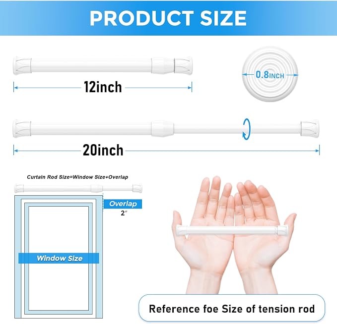 6 Pack Small Tension Rod 12 to 19 Inch Adjustable Tension Curtain Rod Mini Closet Spring Rod No Drilling Short Tension Rods for Windows, Cupboard, Kitchen Cabinets, White