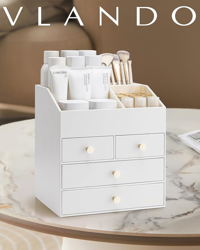 VLANDO Makeup Organizer,Vanity Organizer with Drawers, PU Leather Skincare Organizer Perfume Organizer,Large Cosmetic Display Case for Lipstick,Brushes Gifts for Women, White, 4 Layer