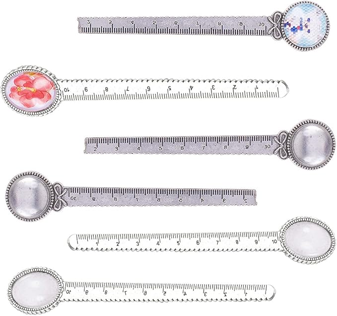 SUNNYCLUE 12PCS 2 Styles Ruler Pendant Tray Kit with 6Pcs Round Bookmark Cabochon Setting Blanks and 6Pcs Clear Domed Glass Cabochon for DIY Alloy Bookmark Making, Antique Silver