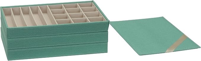 Household Essentials 3-Tier Jewelry Tray, Sturdy Chipboard With Polyester Linen Wrap, Polyester Felt Lining, Many Compartments for Easy Jewelry Access, Stackable, Stylish and Functional, Seafoam Green