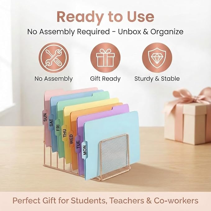 Simmer Stone 2 Pcs Incline File Sorter, 7 Slot Magazine Holder for Letter, Document, Folder and Book, Metal Desktop Organizer Rack for Home, School and Office (2-rose gold)