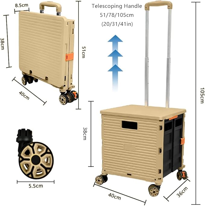 Folding Rolling Utility Cart,Wear-Resistant Noiseless Shopping Trolley Carts with Wheels for Grocery,Portable Crate Storage Tool Box with Lid Used as a Seat for Moving Office Use/Travel/Picnic/Books