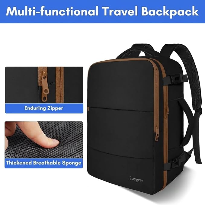 Taygeer Backpack for Women, Carry on Backpack with Laptop Compartment | Travel Laptop Mochila Carry On Luggage with Shoe Pouch, Airline Approved Personal Item Bag For Weekender Hiking, Black Khaki