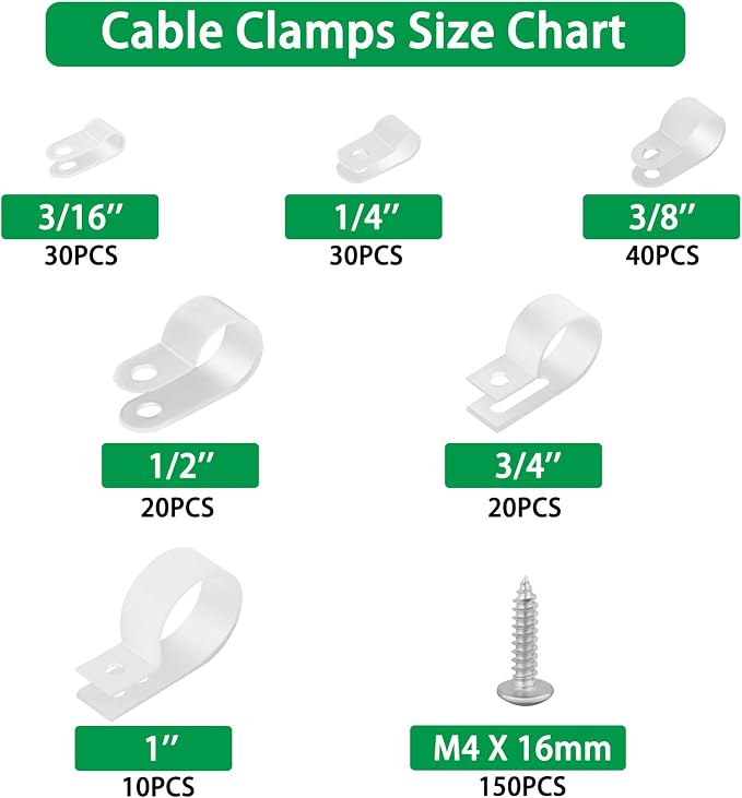 300 Pcs White R-Type Cable Clips, with M4 Screws Cord Organizer | Good Ductility, Fireproof, 6 Sizes (3/16'' 1/4'' 3/8'' 1/2'' 3/4'' 1''), 150pcs M4 Screws, for TV/PC/AC Cables & Wires.