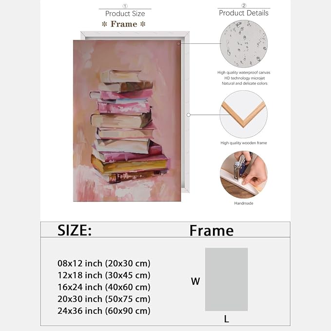 Pastel Book Stack Art Aesthetic Poster Canvas Wall Art Decoration Living Room Home Decor Bedroom Decoration Poster Framed8x12inch