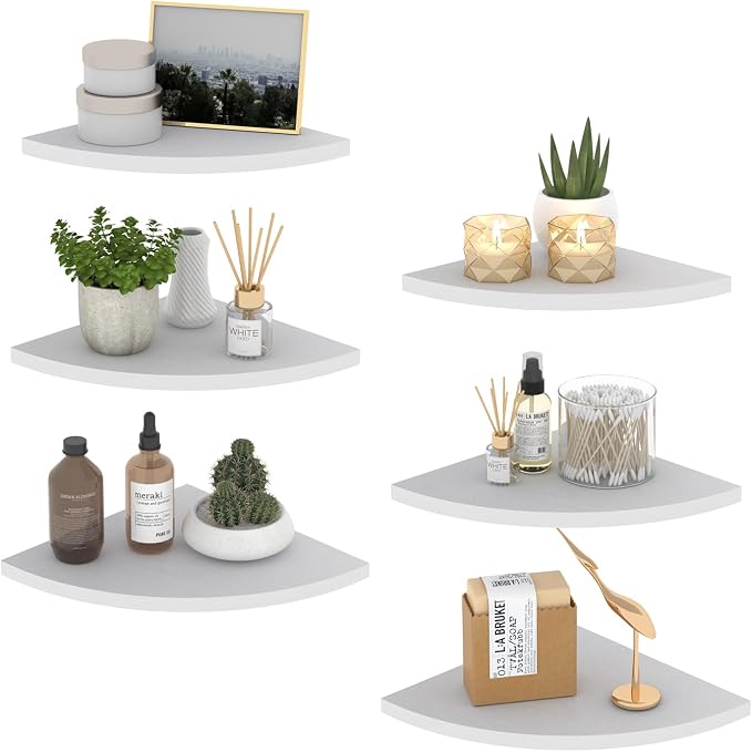 HORLIMER Floating Corner Shelf Wall Mount, Set of 6 Rustic Wood Corner Wall Shelves for Bedroom, Living Room, Bathroom, Kitchen (White)