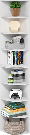 Furinno ECON Corner Shelf, 8-Tier Corner Book Shelf, Storage Shelves, Display Rack, Bookshelf, for Organization and Storage, Living Room, Home Office, White