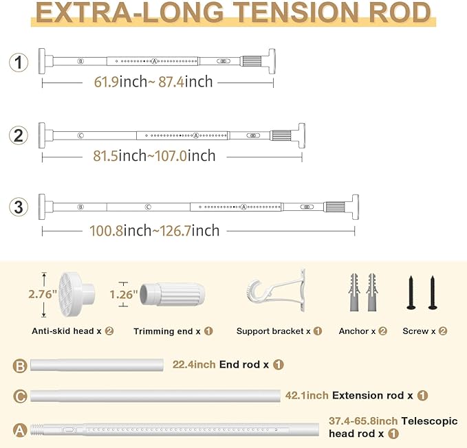 White Tension Curtain Rod 41-126In(4-10Ft), Long Outdoor Curtain Rod No Drilling for Window or Bathroom Patio, Adjustable Heavy Duty Shower Rod,Rod Diameter 1.26In-One-bond stretching