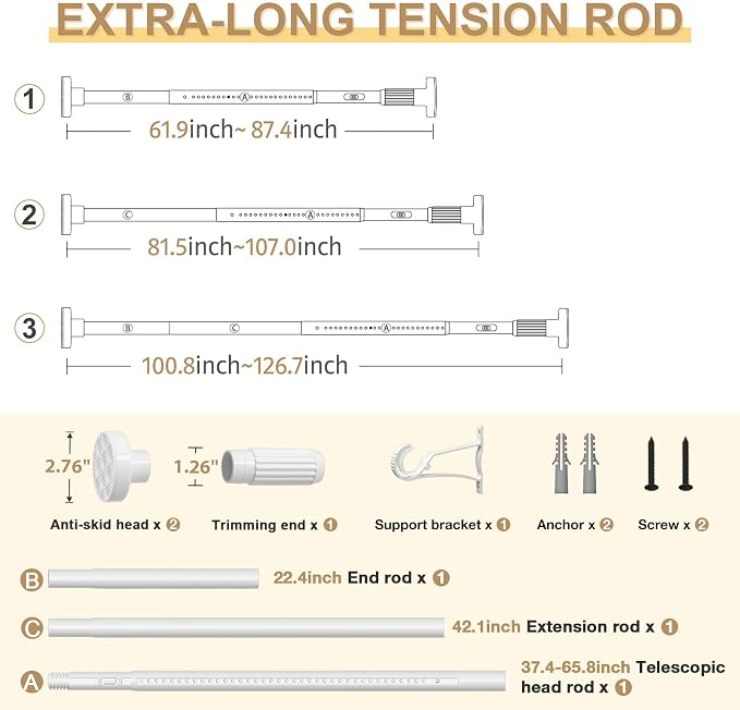 White Tension Curtain Rod 41-126In(4-10Ft), Extra Long Outdoor Curtain Rod No Drilling for Window or Bathroom Patio, Adjustable Heavy Duty Shower Rod,Rod Diameter 1.26In (2Pack)