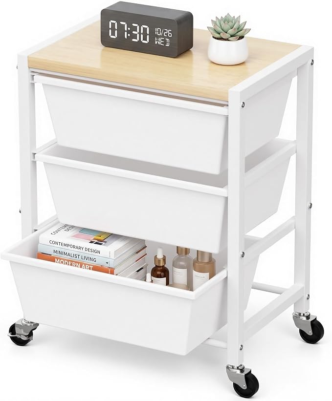 Rolling Cart with 3 Drawers, Plastic Drawer Storage Carts with Lockable Wheels & Wooden Tabletop, Metal Art Craft Utility Cart Organizer for Home Office Bedroom Dorm Bedside Classroom, Bright White