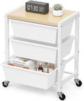 Rolling Cart with 3 Drawers, Plastic Drawer Storage Carts with Lockable Wheels & Wooden Tabletop, Metal Art Craft Utility Cart Organizer for Home Office Bedroom Dorm Bedside Classroom, Bright White