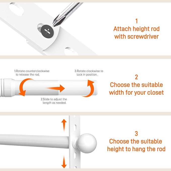 SUTINE Closet Rods for Hanging Clothes, Adjustable Metal Closet Extender Hanging Rod, Space-Saving Closet Rod Extender Clothes Hanging Bar, Closet Poles for Hanging Clothes (White, 31.5-47.2 IN)