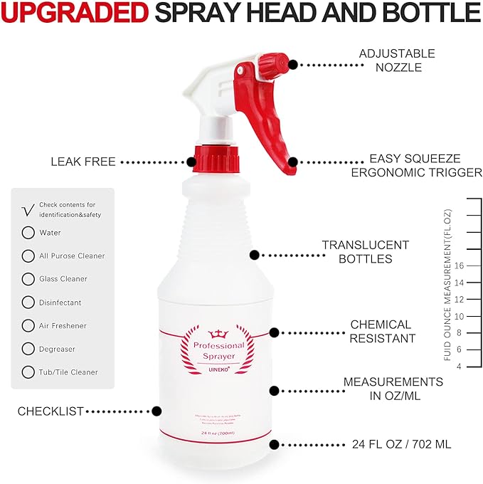 Uineko Plastic Spray Bottle (4 Pack, 24 Oz, All-Purpose) Heavy Duty Spraying Bottles Leak Proof Mist Empty Water Bottle for Cleaning Solution Planting Pet with Adjustable Nozzle and Measurements