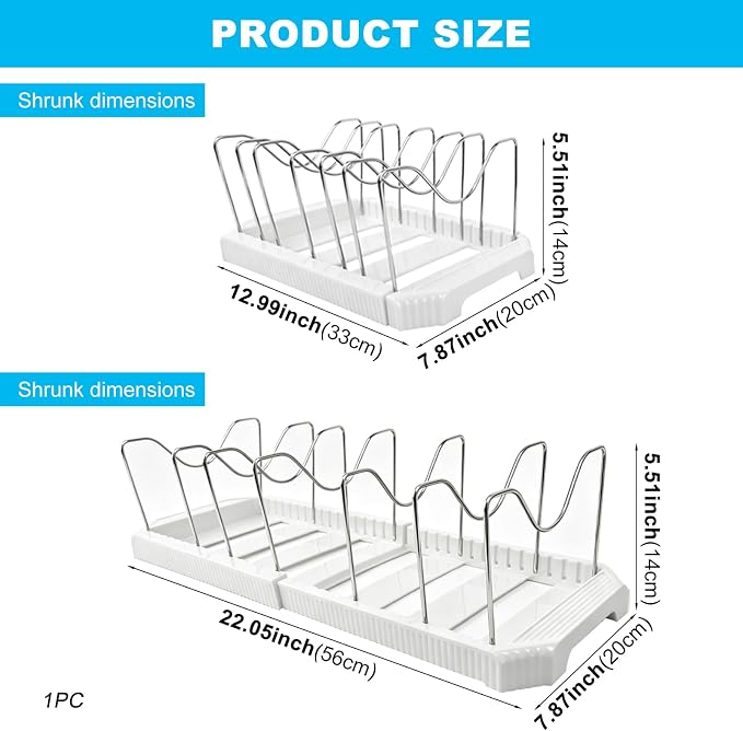 A Pots and Pans Organizer Rack for Under Cabinet, Expandable 12.99''-22.05'' Pot Lid Holder with 7 Adjustable Dividers, Space-Saving Storage for Renters, Small Homes&Cooks (White)