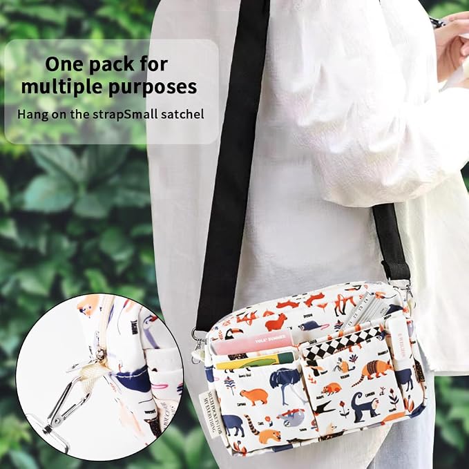 E-WEICHEN Multiple Pockets Portfolio Organizer with Zippered, Makeup Bag Travel Essentials for Women, Simple Waterproof Stationery Pencil Pouch Bag for Journal Office Art Supplies.White Zoo