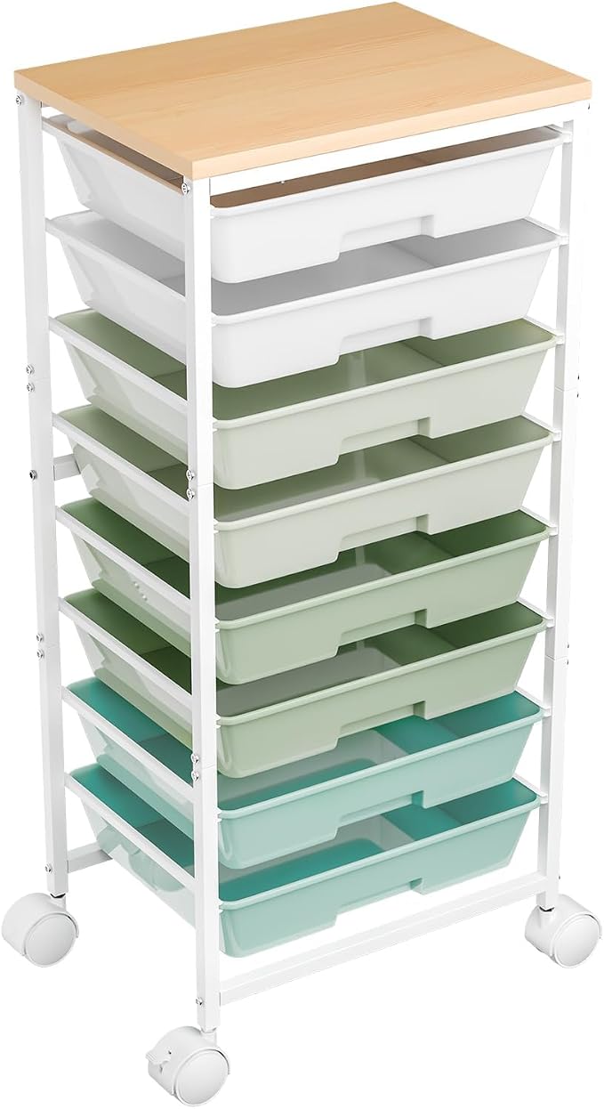 Ekisemio Utility Cart Organizers with Wheels and 8 Drawers, Little Rolling Craft Cart with Wooden Tabletop for Classroom, Office, Living Room, Craft Room, Green
